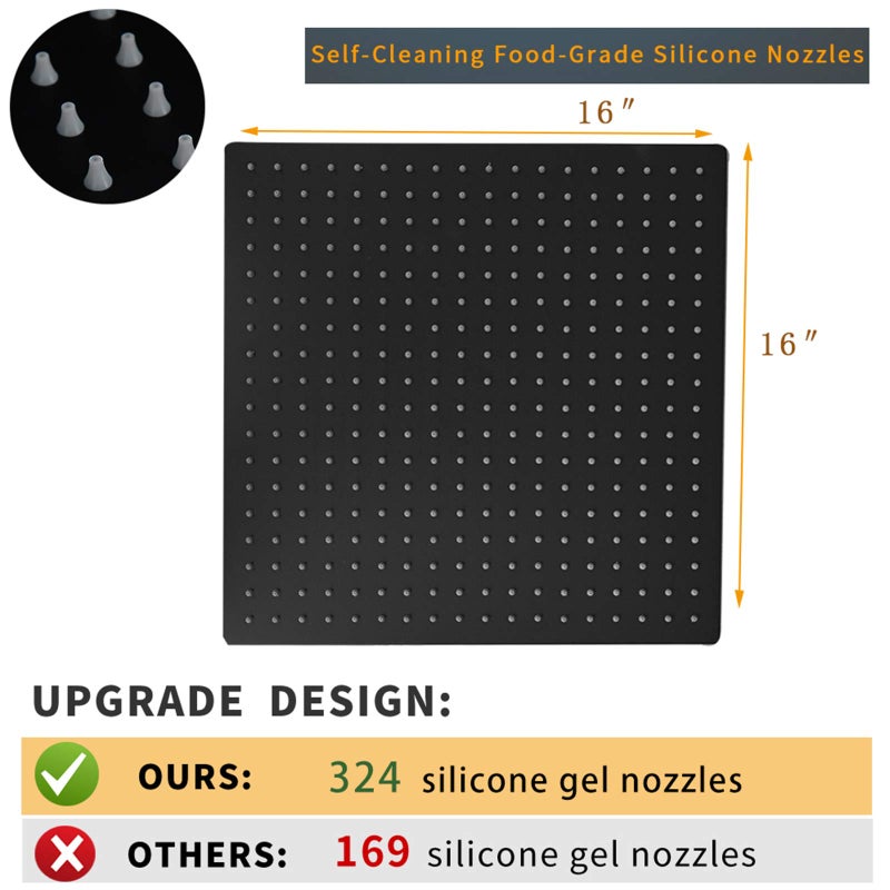 BESy 16 Inch Rain Shower Head, 16" Square Rainfall & High Pressure Stainless Steel Bath Showerhead, 1/16" Ultra Thin, Waterfall Full Body Coverage with Silicone Nozzle, Matte Black Finish - Image 4